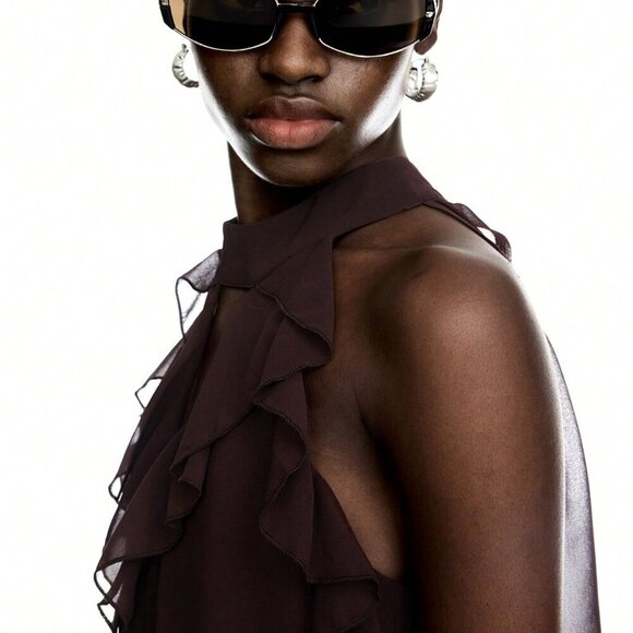 Coffee Brown Casual Women's Ruffle Chiffon Halter Top With Tie – Boho Style - Picture 7 of 7